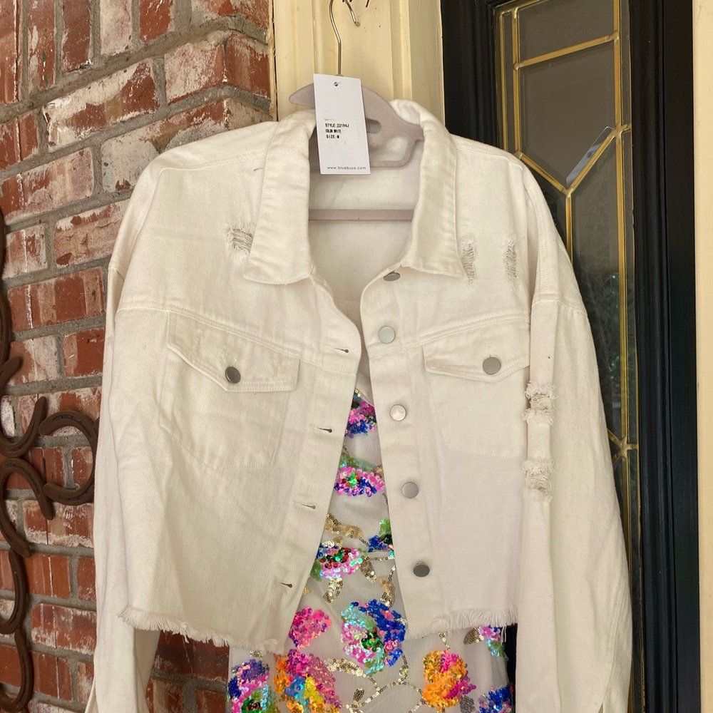 Star Rhinestone Fringe Denim Jacket - White side M - Picture 3 of 10